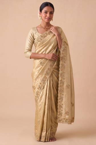 irresistible biege embroidery work with real bits work banarasi silk blend indian saree