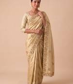 irresistible biege embroidery work with real bits work banarasi silk blend indian saree