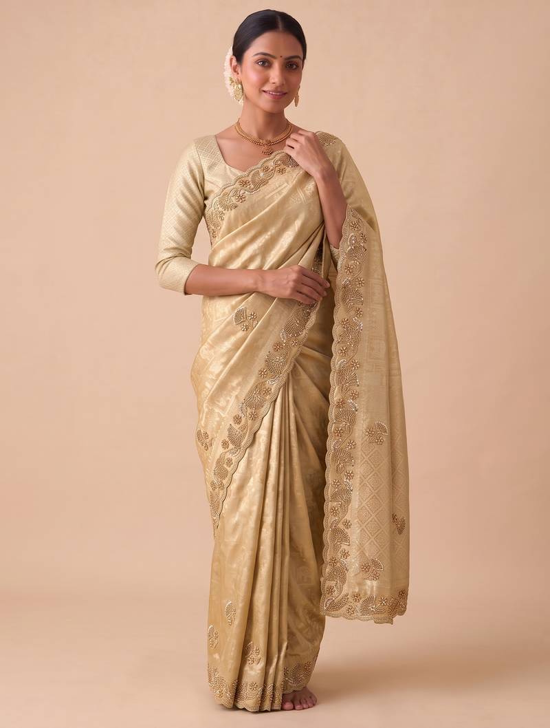 irresistible biege embroidery work with real bits work banarasi silk blend indian saree