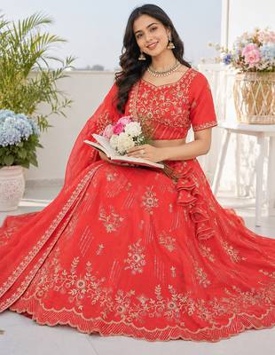 Coral Red Floral Embroidered Crush Silk Lehenga Choli With Dupatta 2