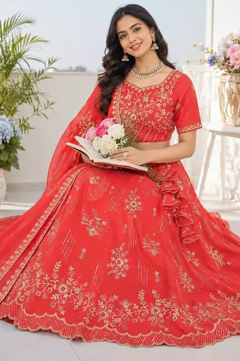 Coral Red Floral Embroidered Crush Silk Lehenga Choli With Dupatta