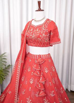 Coral Red Floral Embroidered Crush Silk Lehenga Choli With Dupatta 3