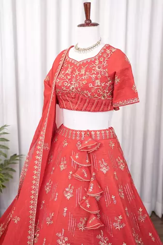 Coral Red Floral Embroidered Crush Silk Lehenga Choli With Dupatta