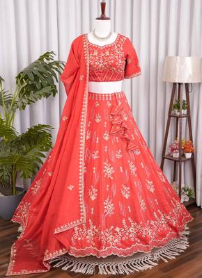 Coral Red Floral Embroidered Crush Silk Lehenga Choli With Dupatta 4