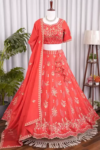 Coral Red Floral Embroidered Crush Silk Lehenga Choli With Dupatta