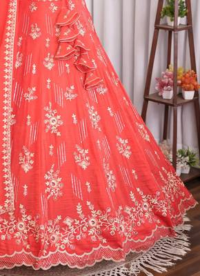 Coral Red Floral Embroidered Crush Silk Lehenga Choli With Dupatta 5