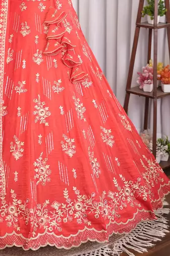 Coral Red Floral Embroidered Crush Silk Lehenga Choli With Dupatta