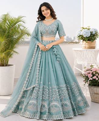 Teal Silk Tree Of Life Embroidered Lehenga Choli With Dupatta 1