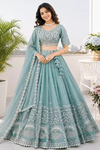 Teal Silk Tree Of Life Embroidered Lehenga Choli With Dupatta
