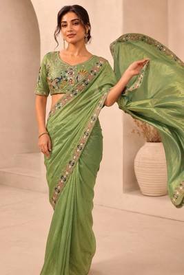 captivating pista green embroidery work with real bits work fendy satin latest designer indian ceremonial saree 2