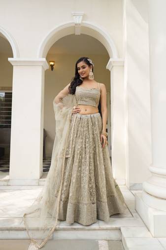 grey embroidery net lehenga choli with dupatta