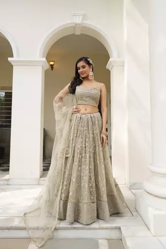 grey embroidery net lehenga choli with dupatta