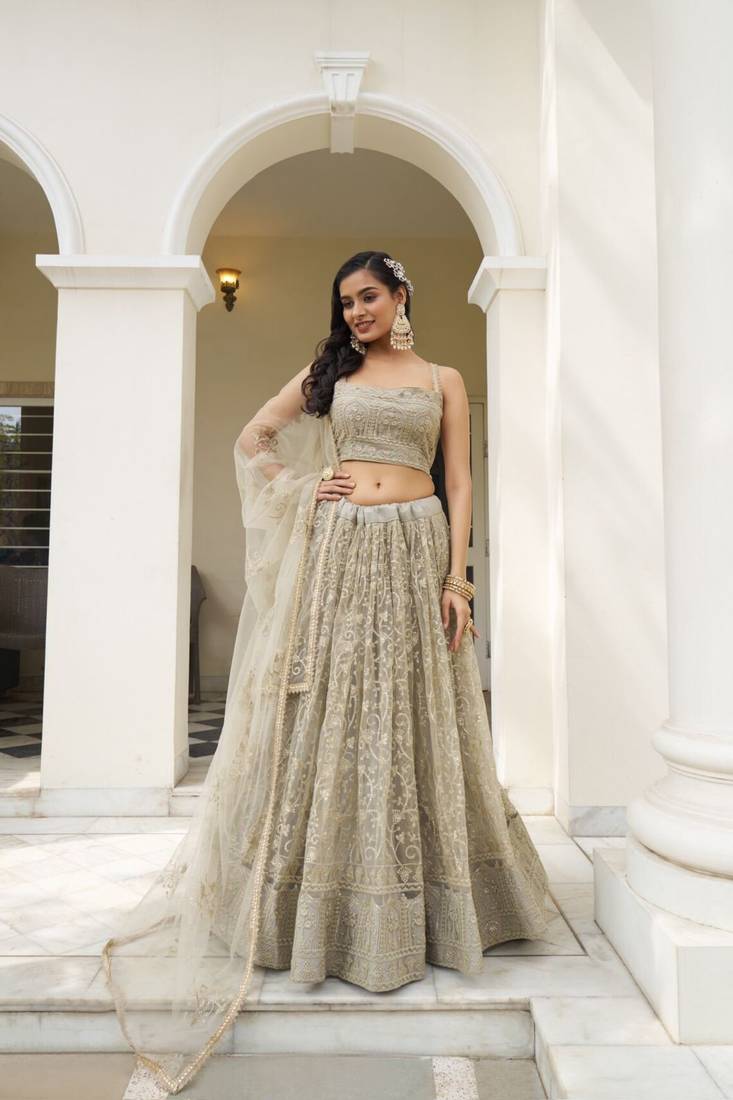grey embroidery net lehenga choli with dupatta