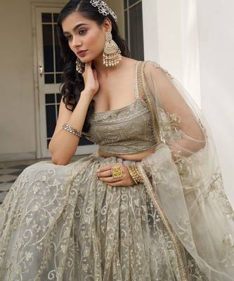 grey embroidery net lehenga choli with dupatta 3