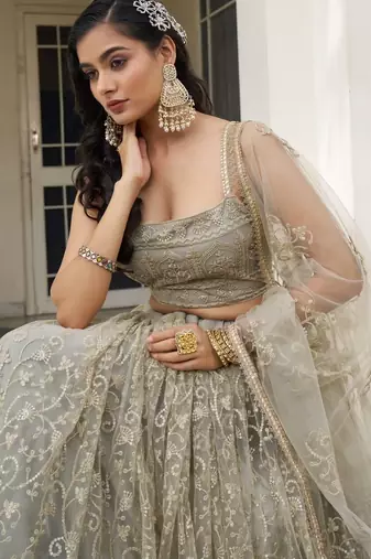 grey embroidery net lehenga choli with dupatta