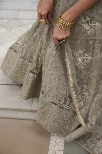 grey embroidery net lehenga choli with dupatta