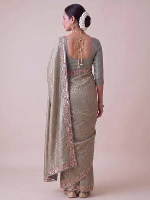 dazzling mint-green embroidery work with real bits work banarasi silk blend latest designer indian saree 2