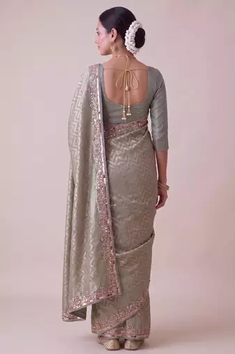 dazzling mint-green embroidery work with real bits work banarasi silk blend latest designer indian saree