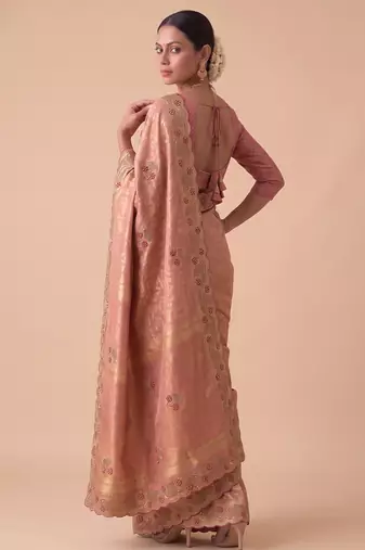 spellbinding olive green embroidery work with real bits work banarasi silk blend indian designer wedding saree