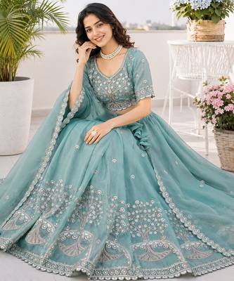 Teal Silk Tree Of Life Embroidered Lehenga Choli With Dupatta 2