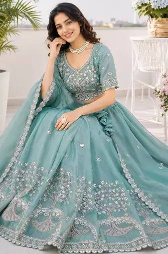 Teal Silk Tree Of Life Embroidered Lehenga Choli With Dupatta