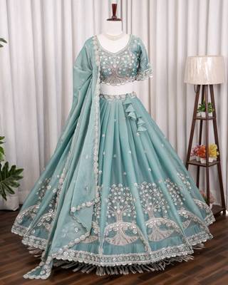 Teal Silk Tree Of Life Embroidered Lehenga Choli With Dupatta 3