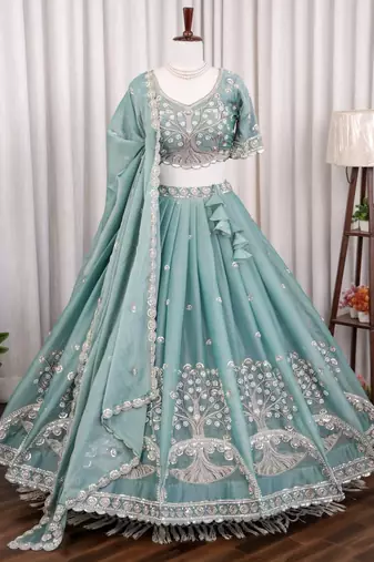 Teal Silk Tree Of Life Embroidered Lehenga Choli With Dupatta