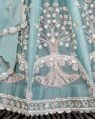 Teal Silk Tree Of Life Embroidered Lehenga Choli With Dupatta 4