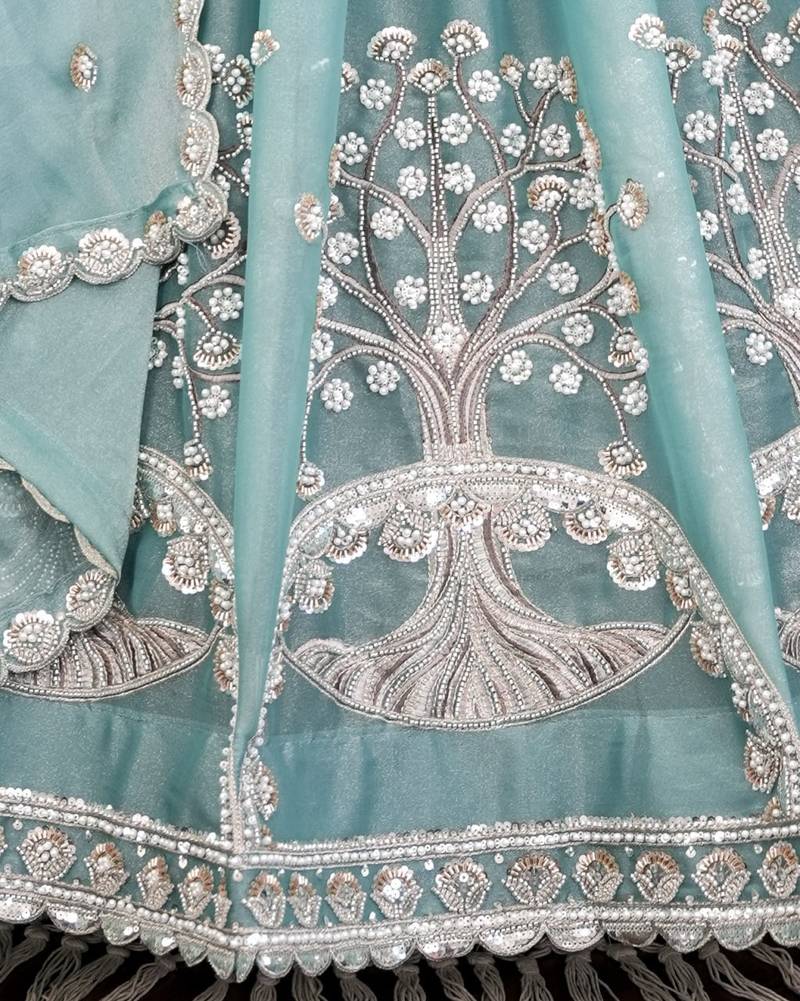 Teal Silk Tree Of Life Embroidered Lehenga Choli With Dupatta