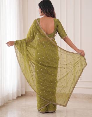 enchanting mahendi embroidery work with real bits work fendy satin indian saree with blouse 2