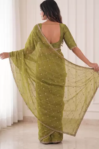 enchanting mahendi embroidery work with real bits work fendy satin indian saree with blouse