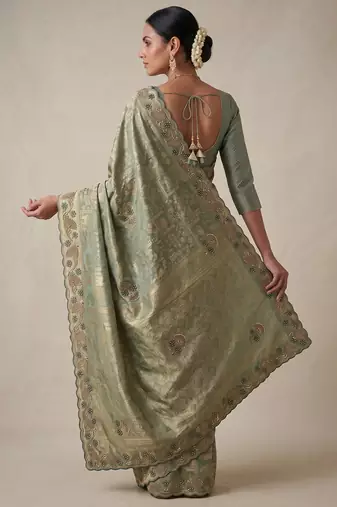enthralling sea-green embroidery work with real bits work banarasi silk blend latest designer indian saree