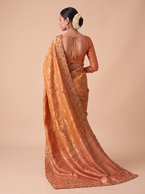 ravishing rust orange embroidery work with real bits work banarasi silk blend latest designer indian saree 2