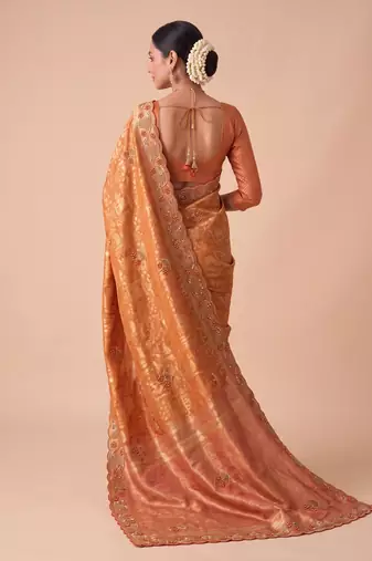 ravishing rust orange embroidery work with real bits work banarasi silk blend latest designer indian saree