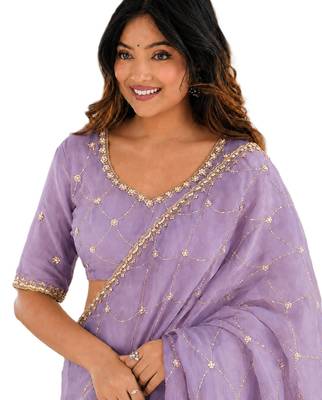 mesmerizing purple embroidery work with real bits work fendy satin latest designer indian saree 3
