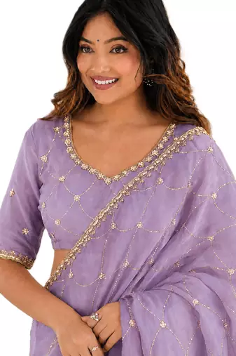 mesmerizing purple embroidery work with real bits work fendy satin latest designer indian saree