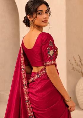 delightfully rani-pink embroidery work with real bits work fendy satin indian wedding and saree 3