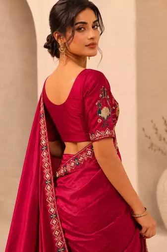 delightfully rani-pink embroidery work with real bits work fendy satin indian wedding and saree