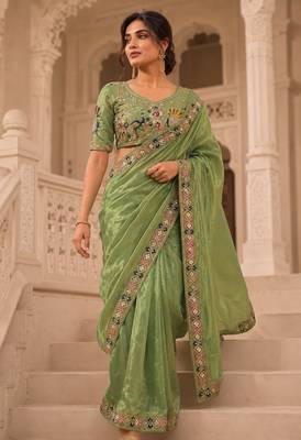 captivating pista green embroidery work with real bits work fendy satin latest designer indian ceremonial saree 3