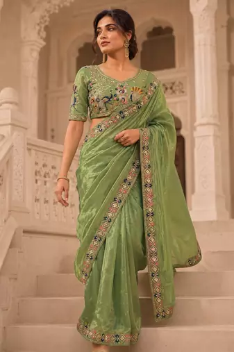 captivating pista green embroidery work with real bits work fendy satin latest designer indian ceremonial saree