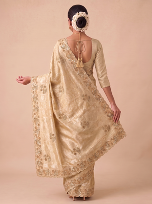 irresistible biege embroidery work with real bits work banarasi silk blend indian saree 2