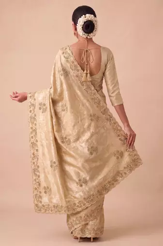 irresistible biege embroidery work with real bits work banarasi silk blend indian saree