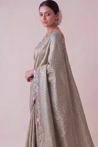 dazzling mint-green embroidery work with real bits work banarasi silk blend latest designer indian saree