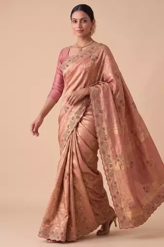 spellbinding olive green embroidery work with real bits work banarasi silk blend indian designer wedding saree