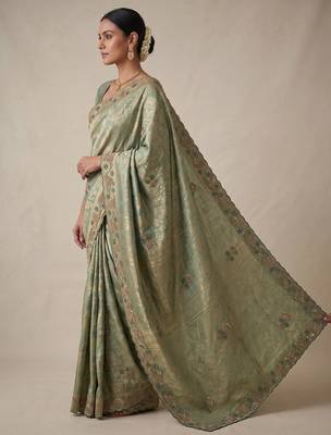 enthralling sea-green embroidery work with real bits work banarasi silk blend latest designer indian saree 3