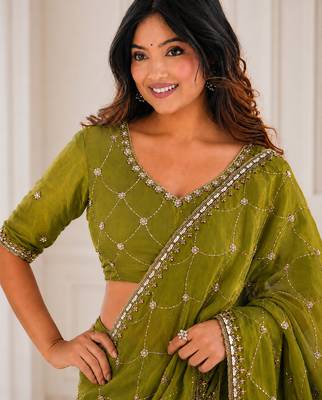 enchanting mahendi embroidery work with real bits work fendy satin indian saree with blouse 3
