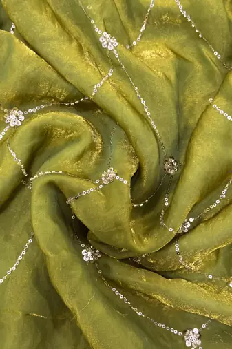 enchanting mahendi embroidery work with real bits work fendy satin indian saree with blouse
