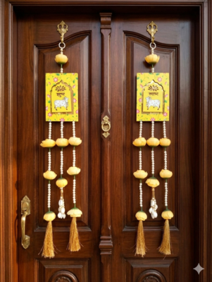 handmade shubh labh hanging with traditional cow design for home decoration pack of 2 1