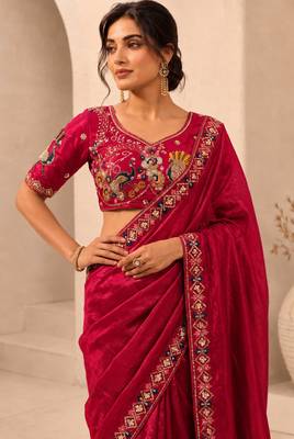delightfully rani-pink embroidery work with real bits work fendy satin indian wedding and saree 4