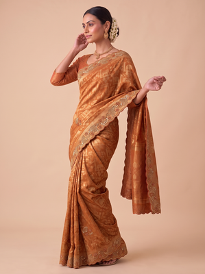 ravishing rust orange embroidery work with real bits work banarasi silk blend latest designer indian saree 3